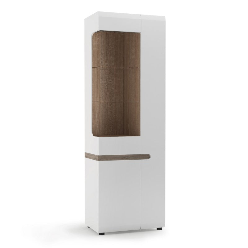 Chelsea Living Tall Glazed Narrow Display unit (RHD) in white with an Truffle Oak Trim