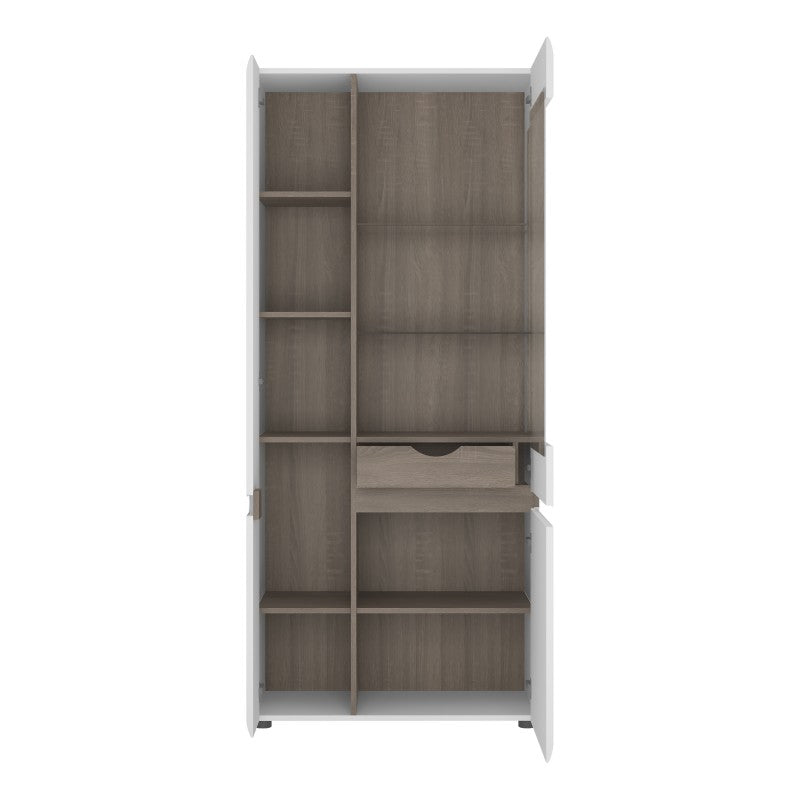 Chelsea Living Tall Glazed Wide Display unit (LHD) in white with an Truffle Oak Trim