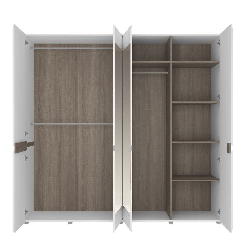 Chelsea Bedroom 4 Door wardrobe with mirrors in white with an Truffle Oak Trim