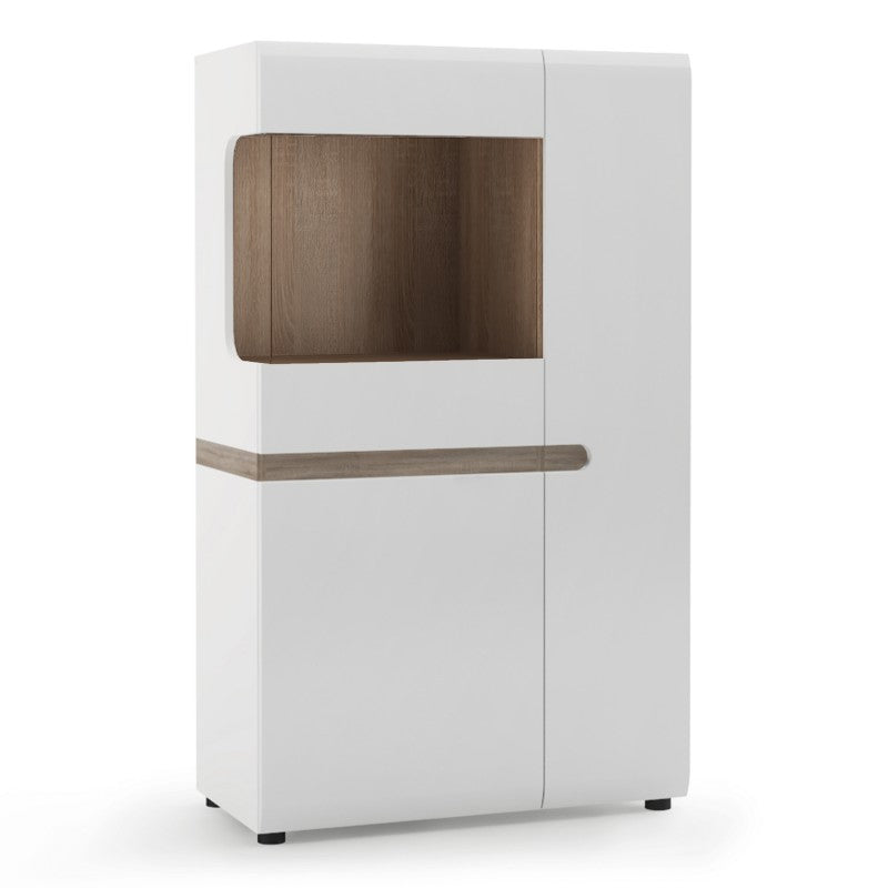 Chelsea Living Low Display Cabinet 85 cm wide in white with an Truffle Oak Trim