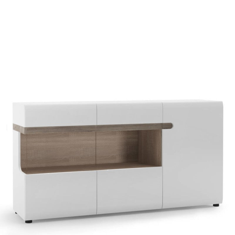 Chelsea Living 3 Door Glazed Sideboard in white with an Truffle Oak Trim