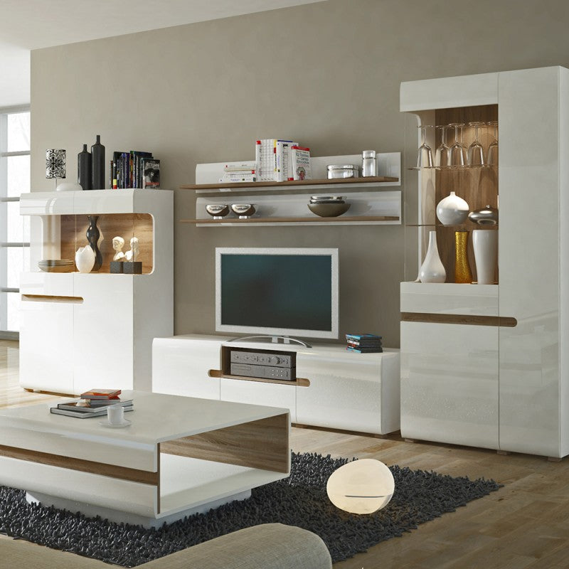 Chelsea Living Low Display Cabinet 85 cm wide in white with an Truffle Oak Trim