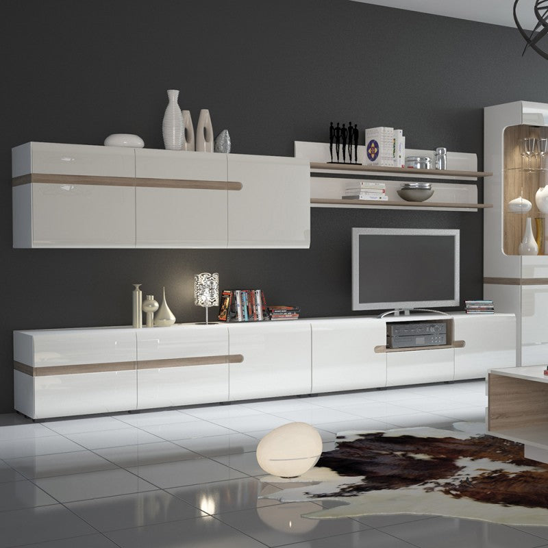 Chelsea Living Wide 3 door TV Unit in white with an Truffle Oak Trim