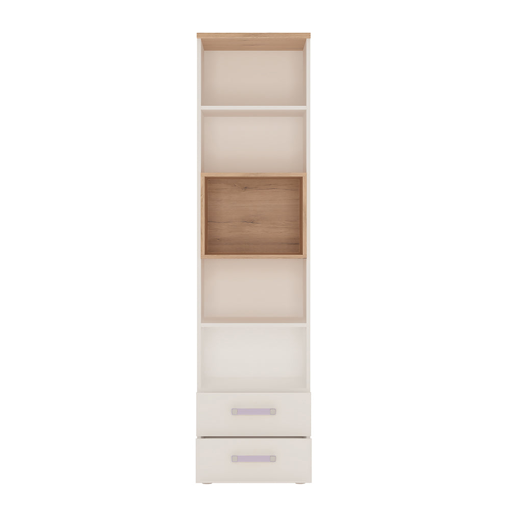 4KIDS Tall 2 drawer bookcase in light oak and white high gloss with lilac handles