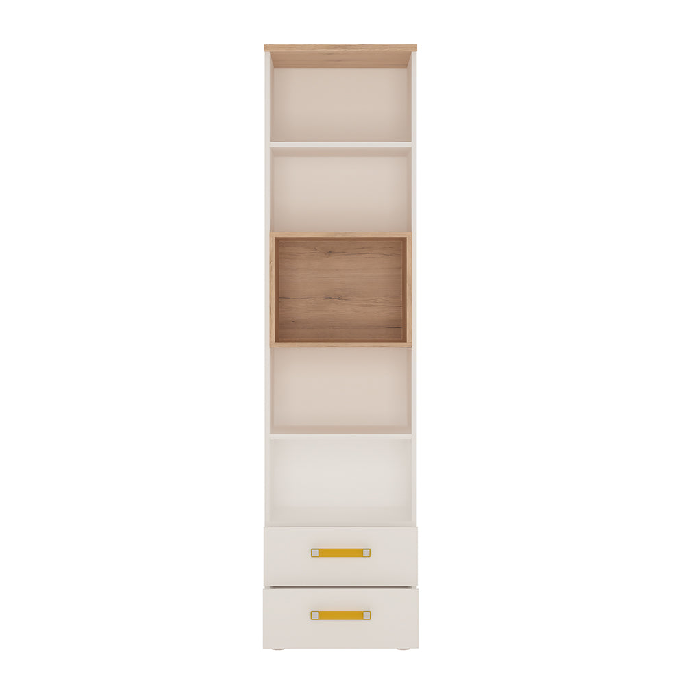 4KIDS Tall 2 drawer bookcase in light oak and white high gloss with orange handles