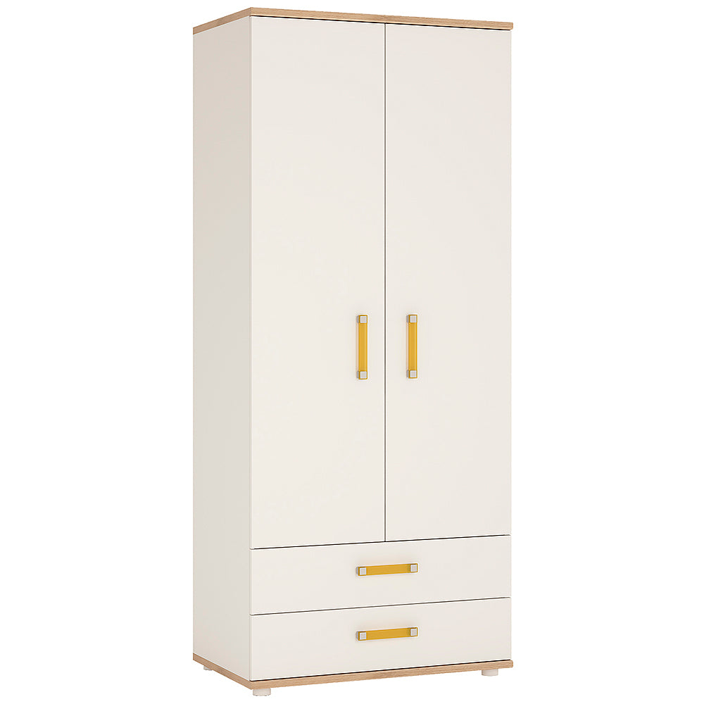 4KIDS 2 door 2 drawer wardrobe in light oak and white high gloss with orange handles