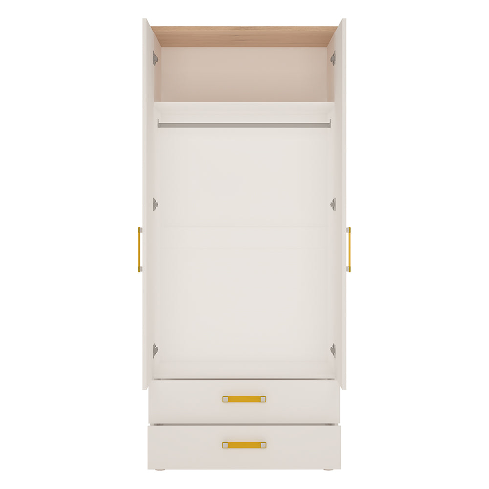 4KIDS 2 door 2 drawer wardrobe in light oak and white high gloss with orange handles