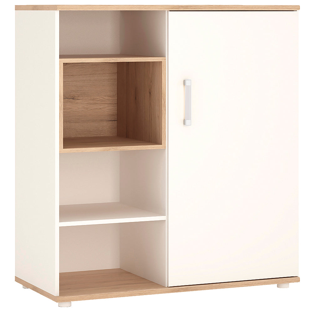 4KIDS Low cabinet with shelves (sliding door) in light oak and white high gloss with opalino handles