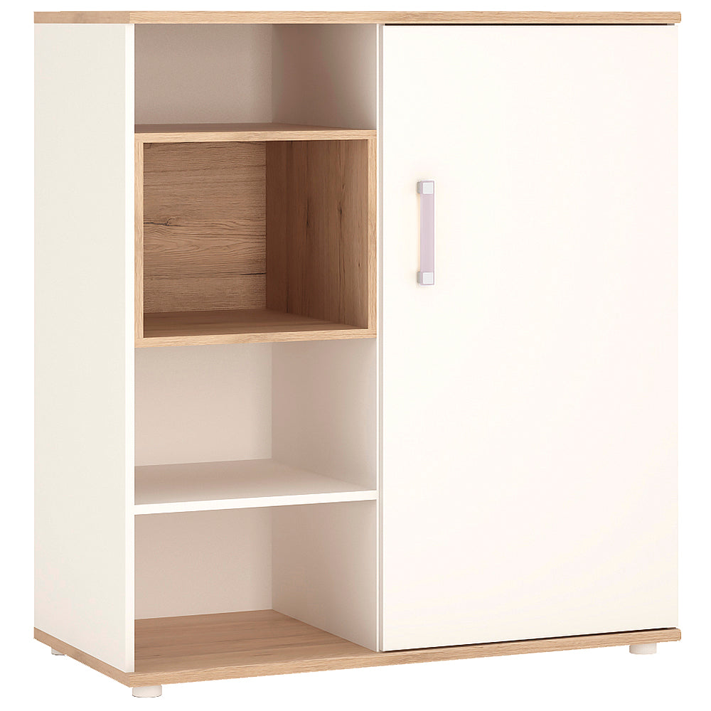 4KIDS Low cabinet with shelves (sliding door) in light oak and white high gloss with lilac handles