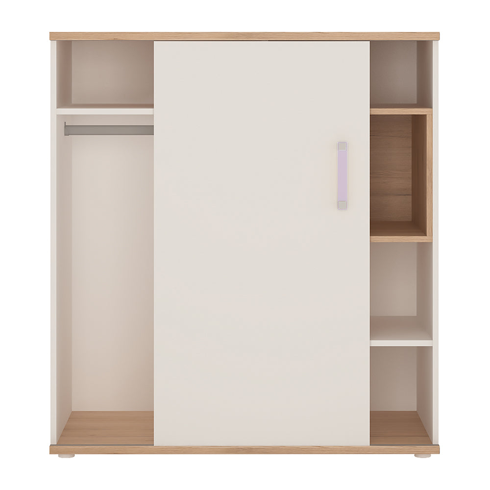 4KIDS Low cabinet with shelves (sliding door) in light oak and white high gloss with lilac handles