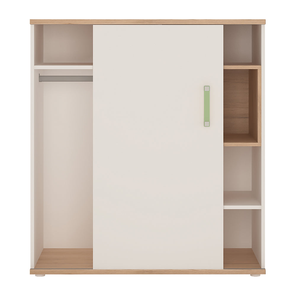 4KIDS Low cabinet with shelves (sliding door) in light oak and white high gloss with lemon handles