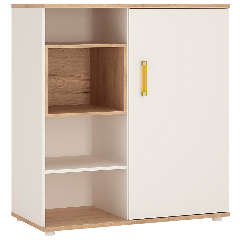 4KIDS Low cabinet with shelves (sliding door) in light oak and white high gloss with orange handles