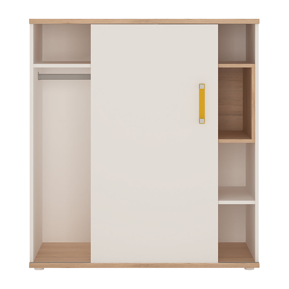 4KIDS Low cabinet with shelves (sliding door) in light oak and white high gloss with orange handles