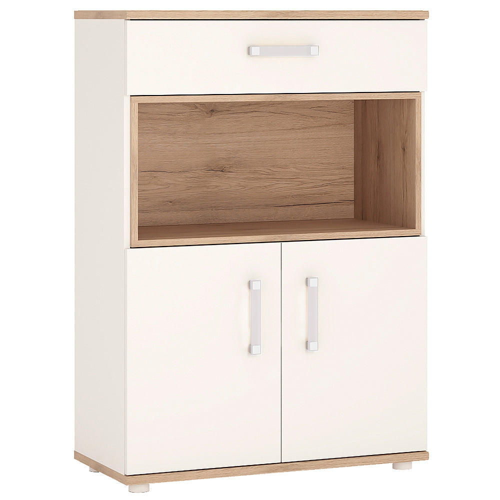 4KIDS 2 door 1 drawer cupboard with open shelf in light oak and white high gloss with opalino handles