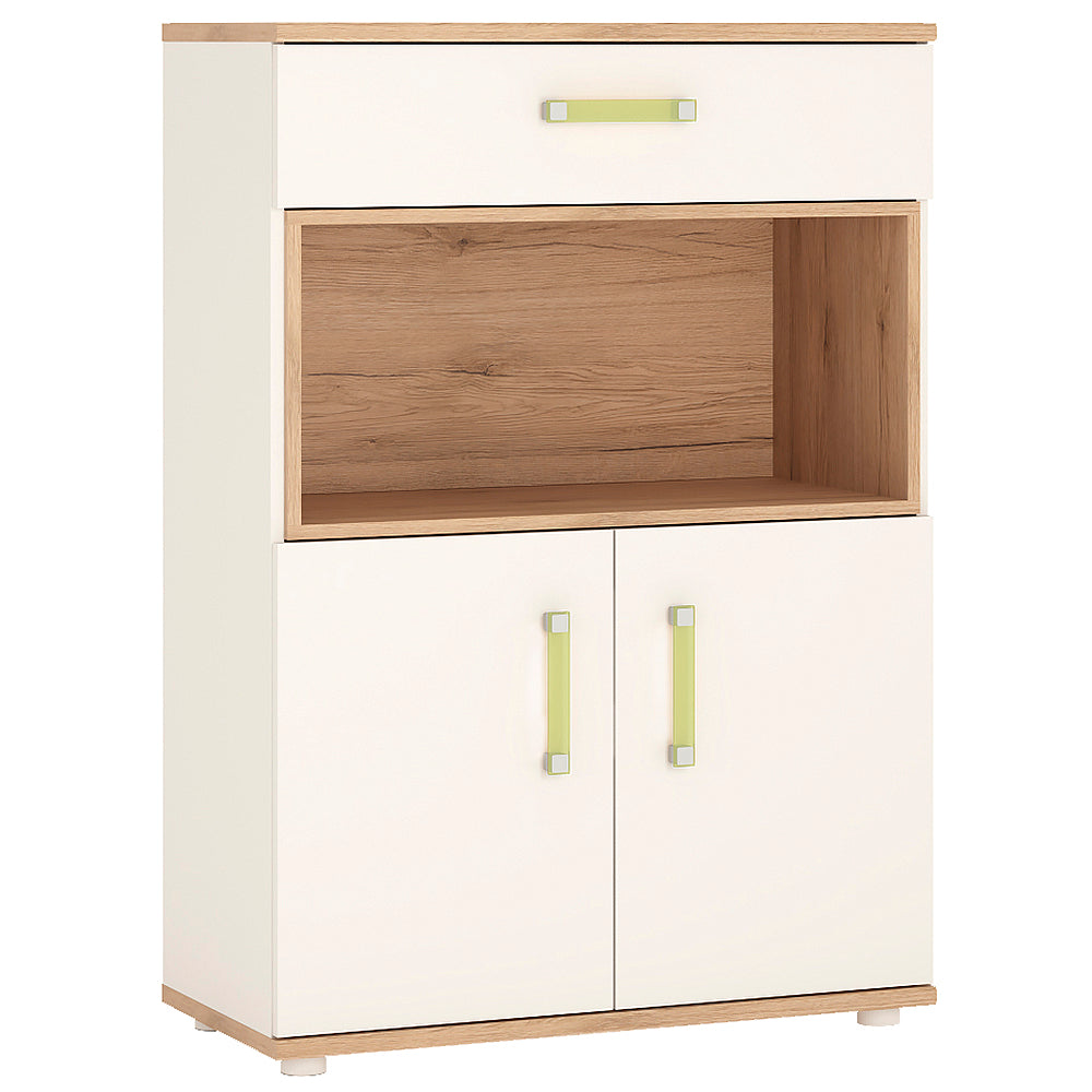 4KIDS 2 door 1 drawer cupboard with open shelf in light oak and white high gloss with lemon handles