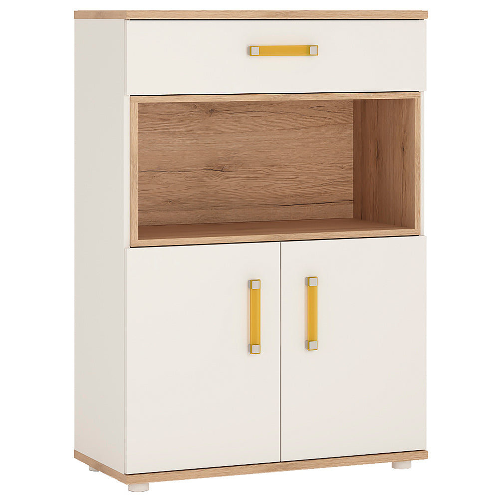 4KIDS 2 door 1 drawer cupboard with open shelf in light oak and white high gloss with orange handles