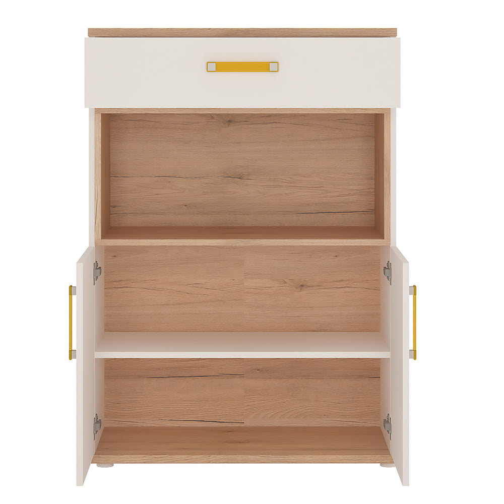 4KIDS 2 door 1 drawer cupboard with open shelf in light oak and white high gloss with orange handles