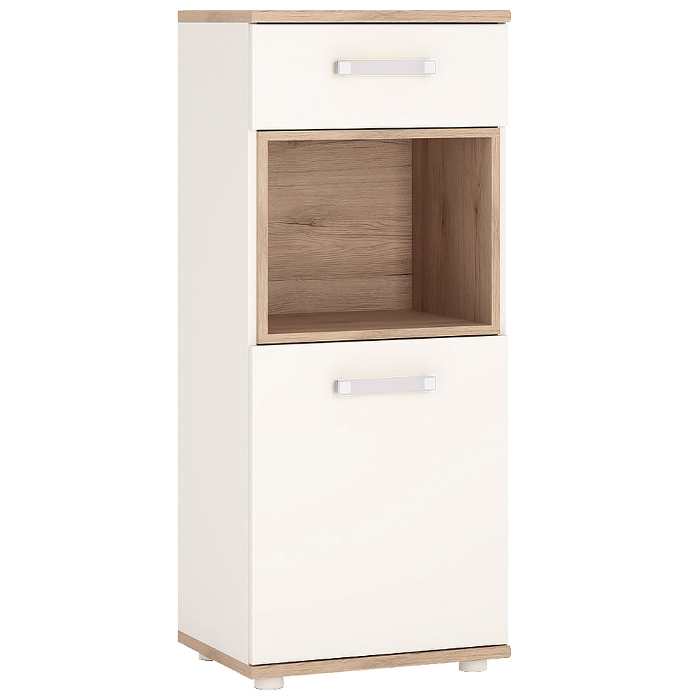 4KIDS 1 door 1 drawer narrow cabinet in light oak and white high gloss with opalino handles