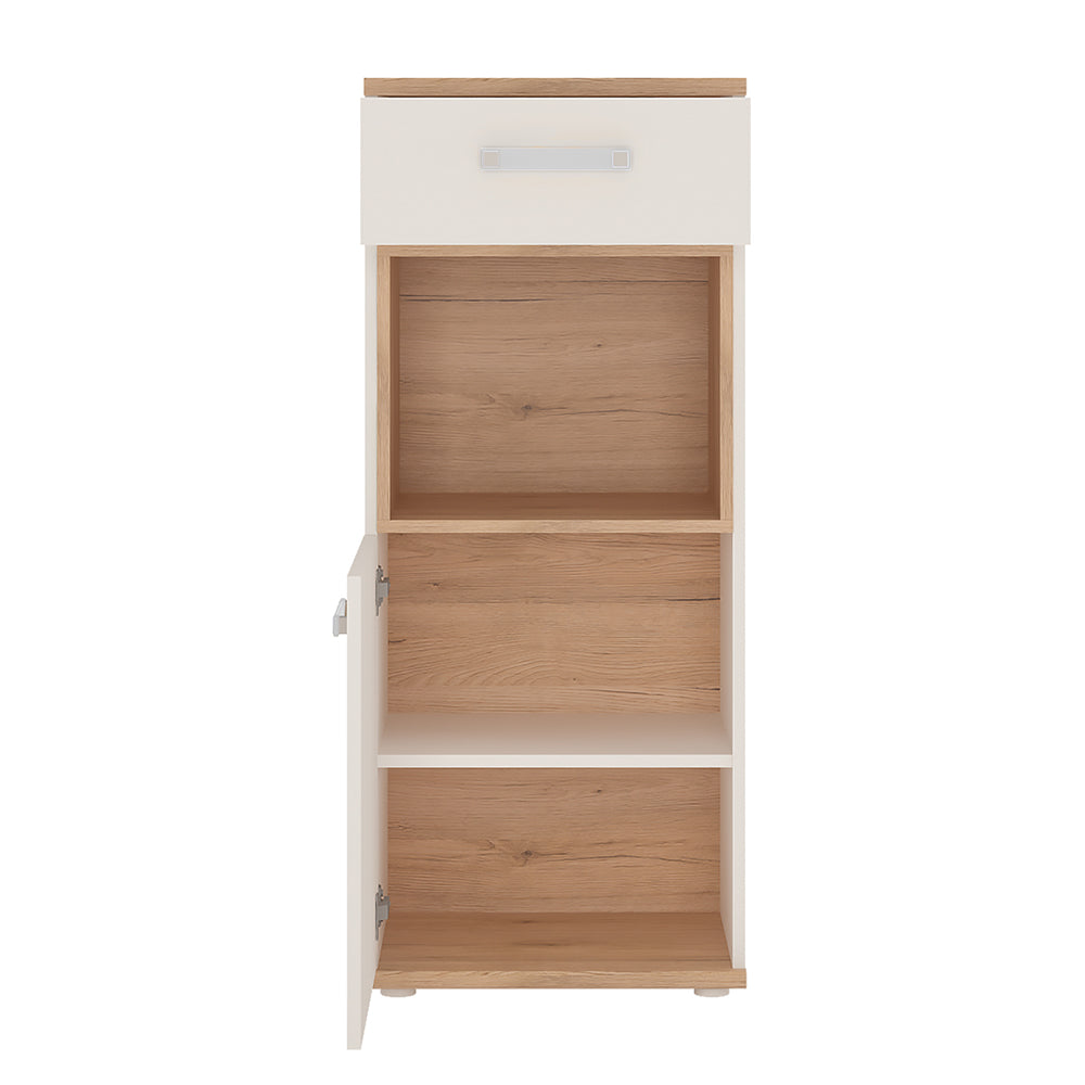 4KIDS 1 door 1 drawer narrow cabinet in light oak and white high gloss with opalino handles