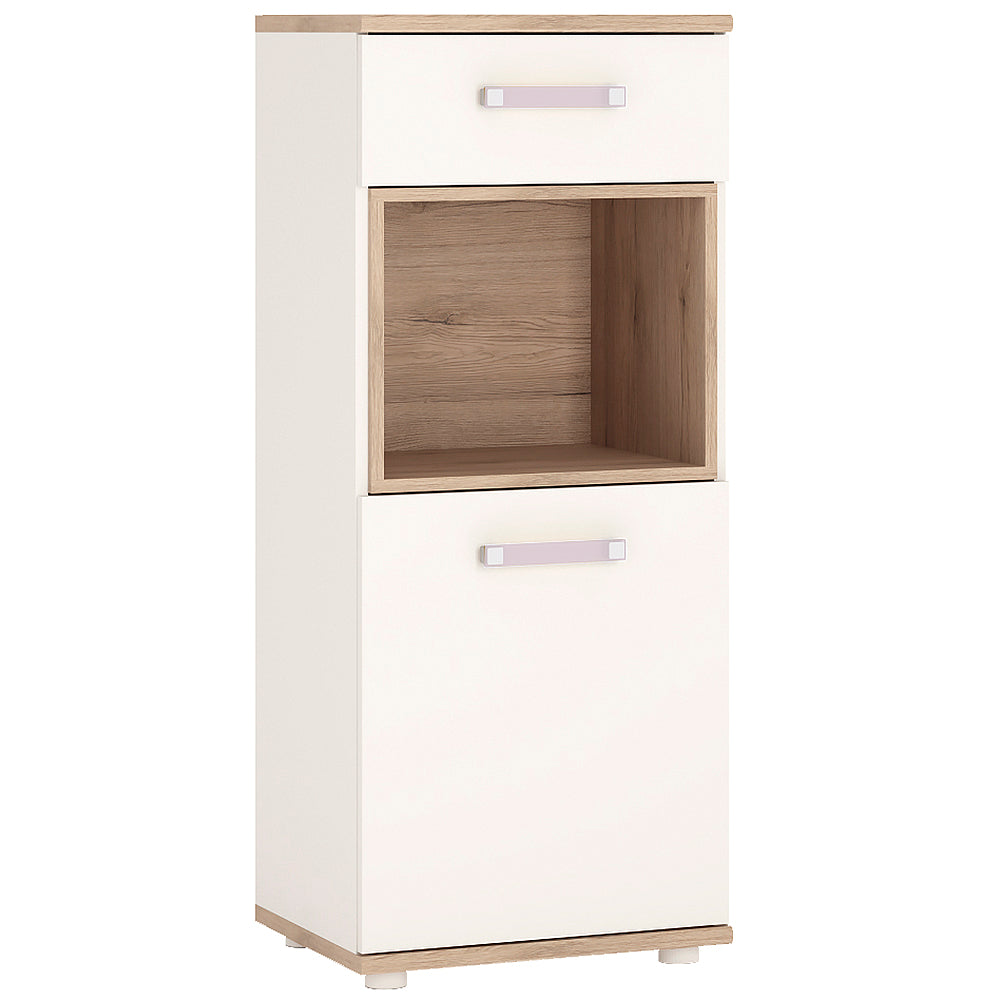 4KIDS 1 door 1 drawer narrow cabinet in light oak and white high gloss with lilac handles