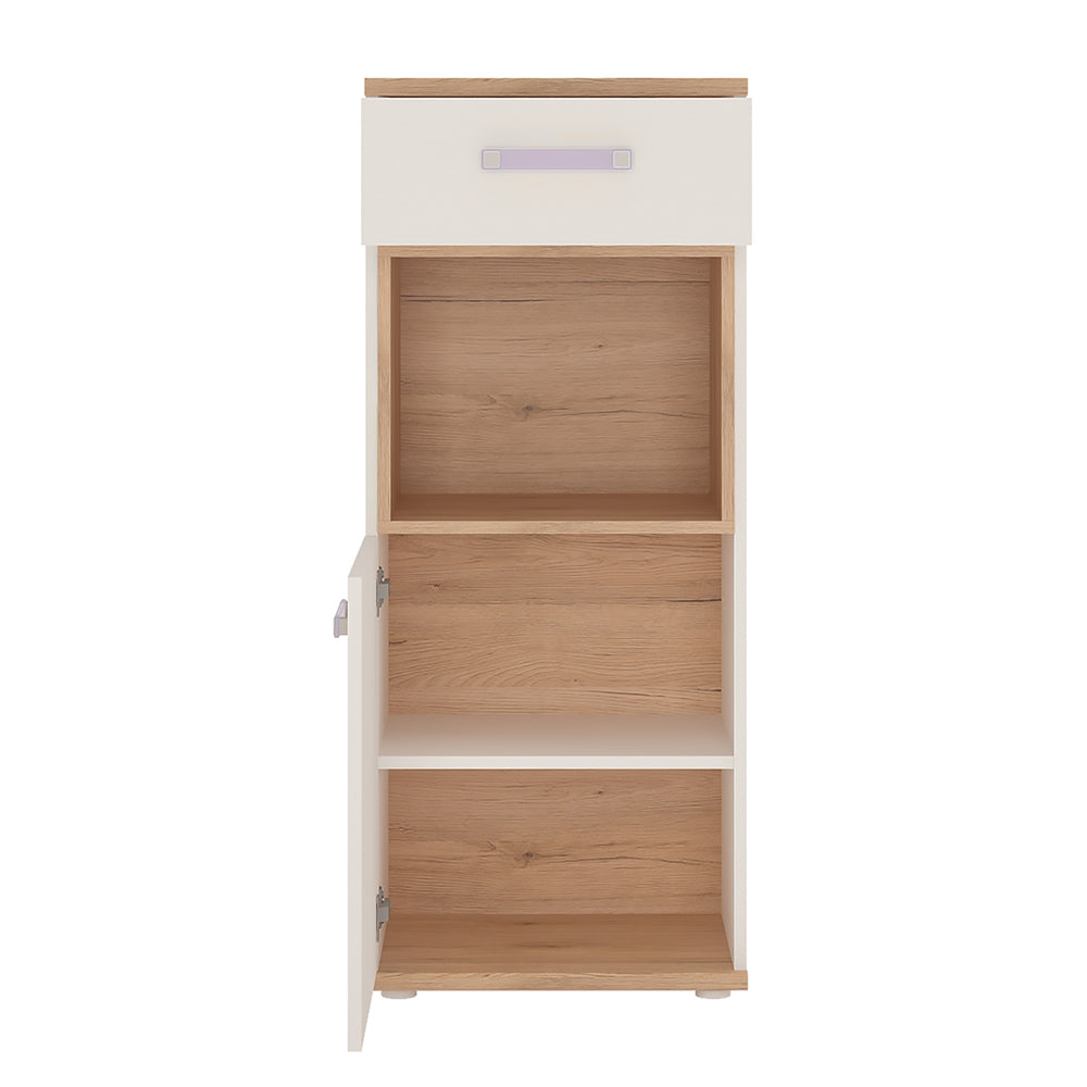 4KIDS 1 door 1 drawer narrow cabinet in light oak and white high gloss with lilac handles