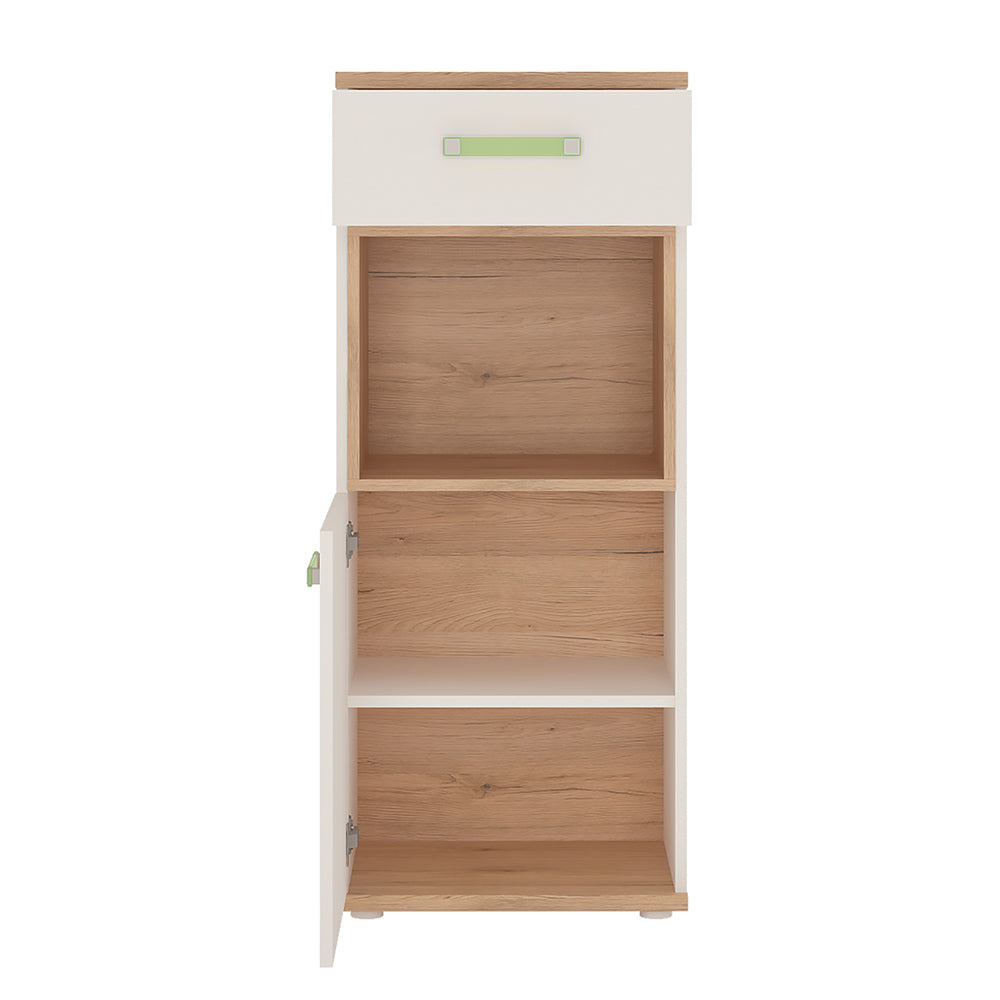 4KIDS 1 door 1 drawer narrow cabinet in light oak and white high gloss with lemon handles