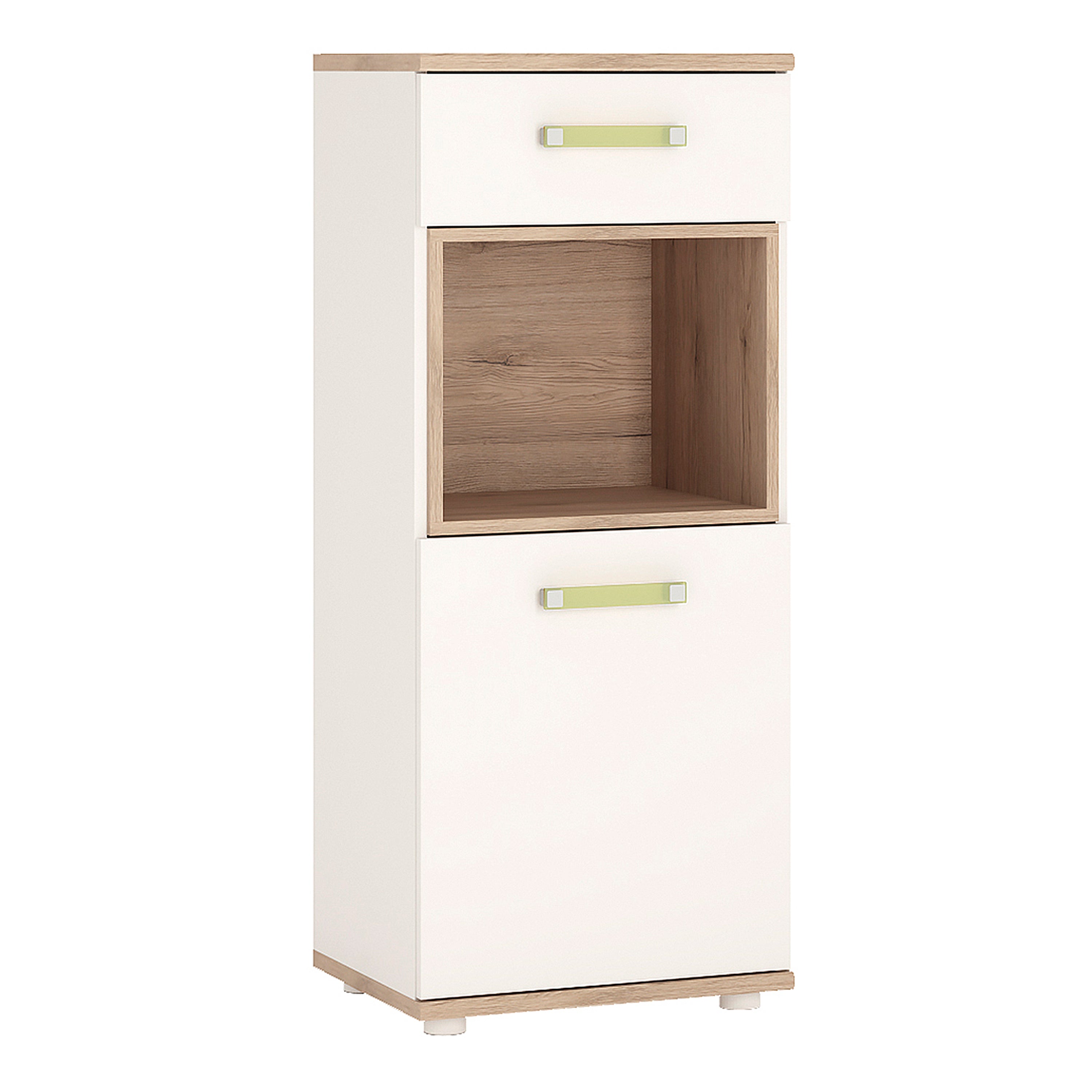 4KIDS 1 door 1 drawer narrow cabinet in light oak and white high gloss with lemon handles