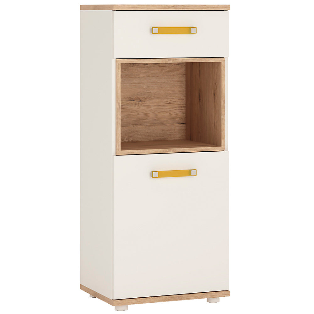 4KIDS 1 door 1 drawer narrow cabinet in light oak and white high gloss with orange handles