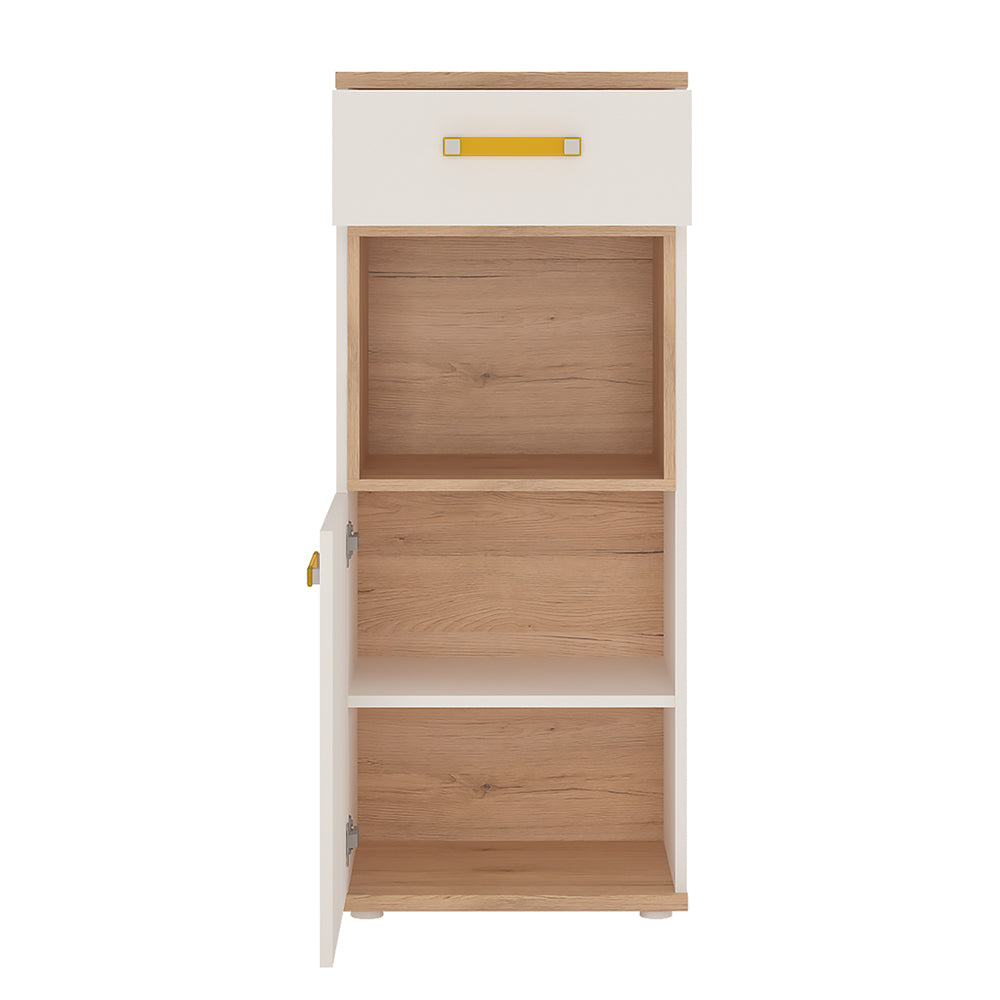 4KIDS 1 door 1 drawer narrow cabinet in light oak and white high gloss with orange handles