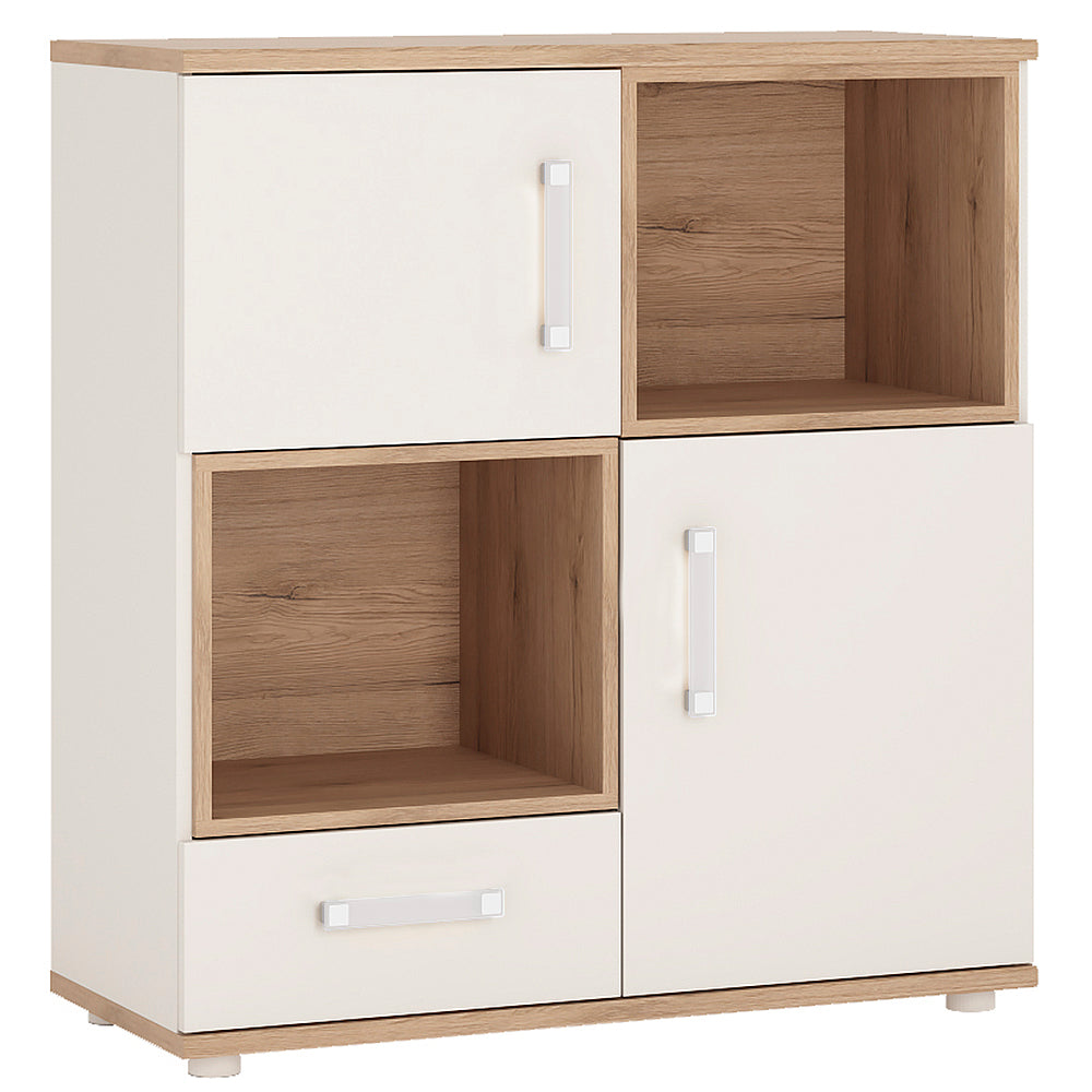 4KIDS 2 door 1 drawer cupboard with 2 open shelves in light oak and white high gloss with opalino handles