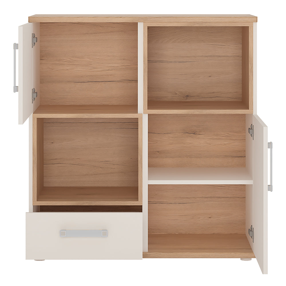 4KIDS 2 door 1 drawer cupboard with 2 open shelves in light oak and white high gloss with opalino handles