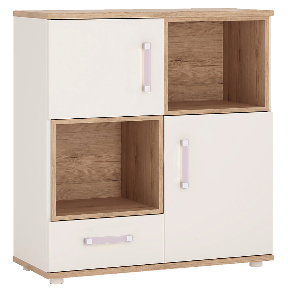 4KIDS 2 door 1 drawer cupboard with 2 open shelves in light oak and white high gloss with lilac handles