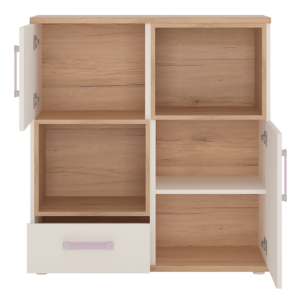 4KIDS 2 door 1 drawer cupboard with 2 open shelves in light oak and white high gloss with lilac handles