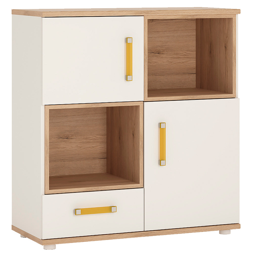 4KIDS 2 door 1 drawer cupboard with 2 open shelves in light oak and white high gloss with orange handles