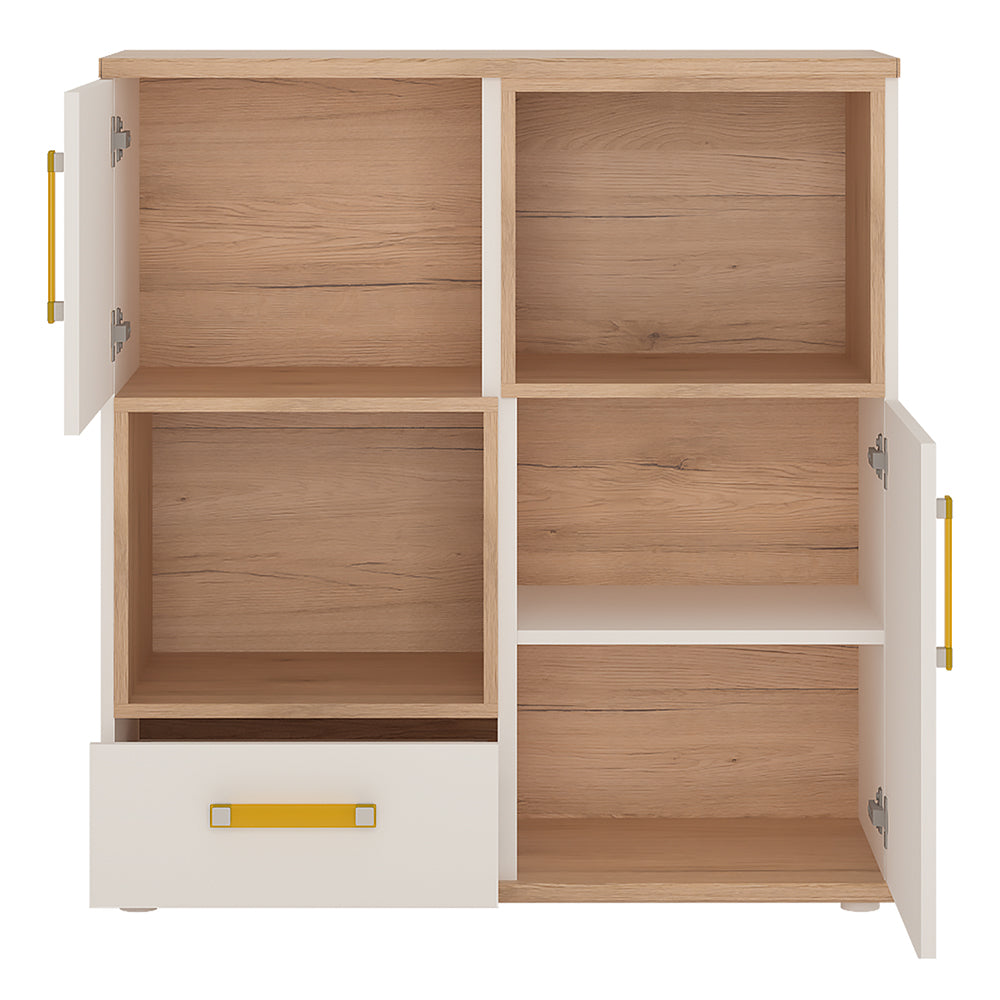 4KIDS 2 door 1 drawer cupboard with 2 open shelves in light oak and white high gloss with orange handles