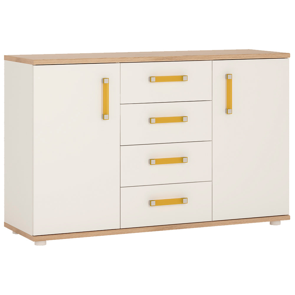 4KIDS 2 door 4 drawer sideboard in light oak and white high gloss with orange handles