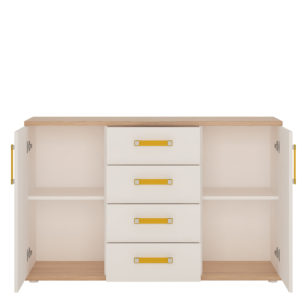 4KIDS 2 door 4 drawer sideboard in light oak and white high gloss with orange handles