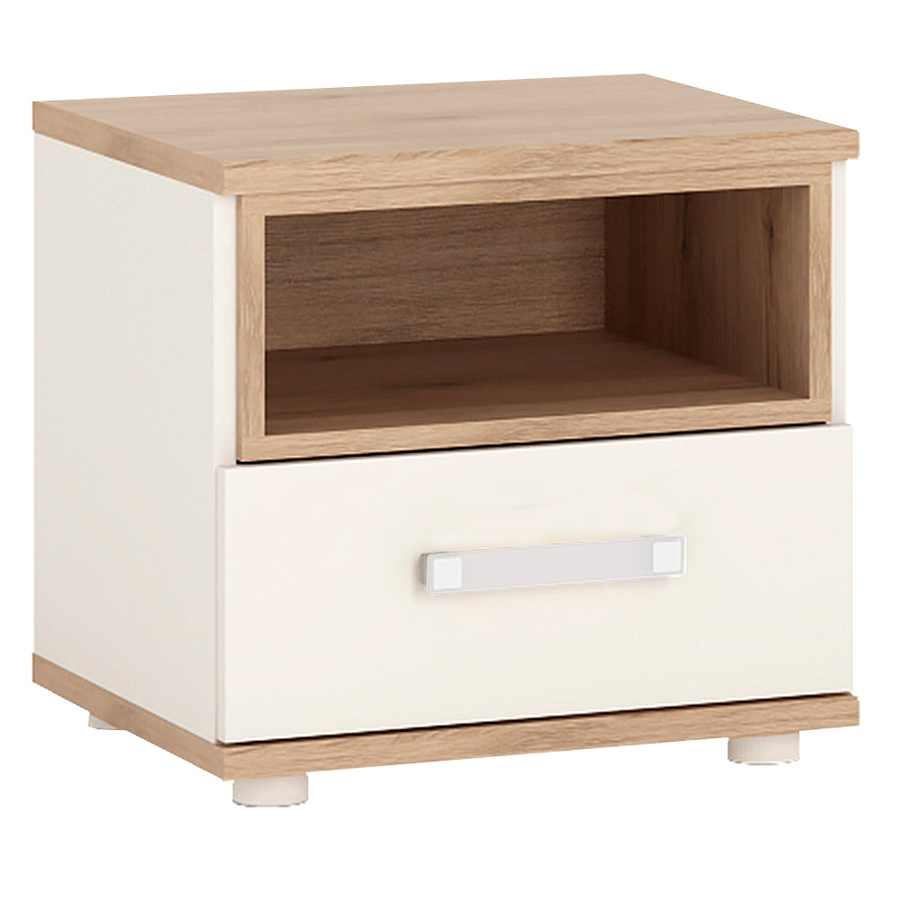 4KIDS 1 drawer bedside cabinet in light oak and white high gloss with opalino handles