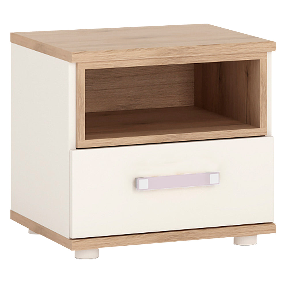 4KIDS 1 drawer bedside cabinet in light oak and white high gloss with lilac handles