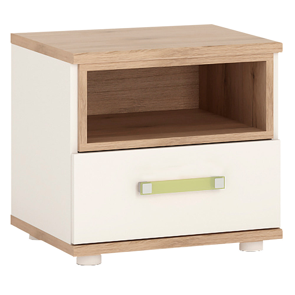 4KIDS 1 drawer bedside cabinet in light oak and white high gloss with lemon handles