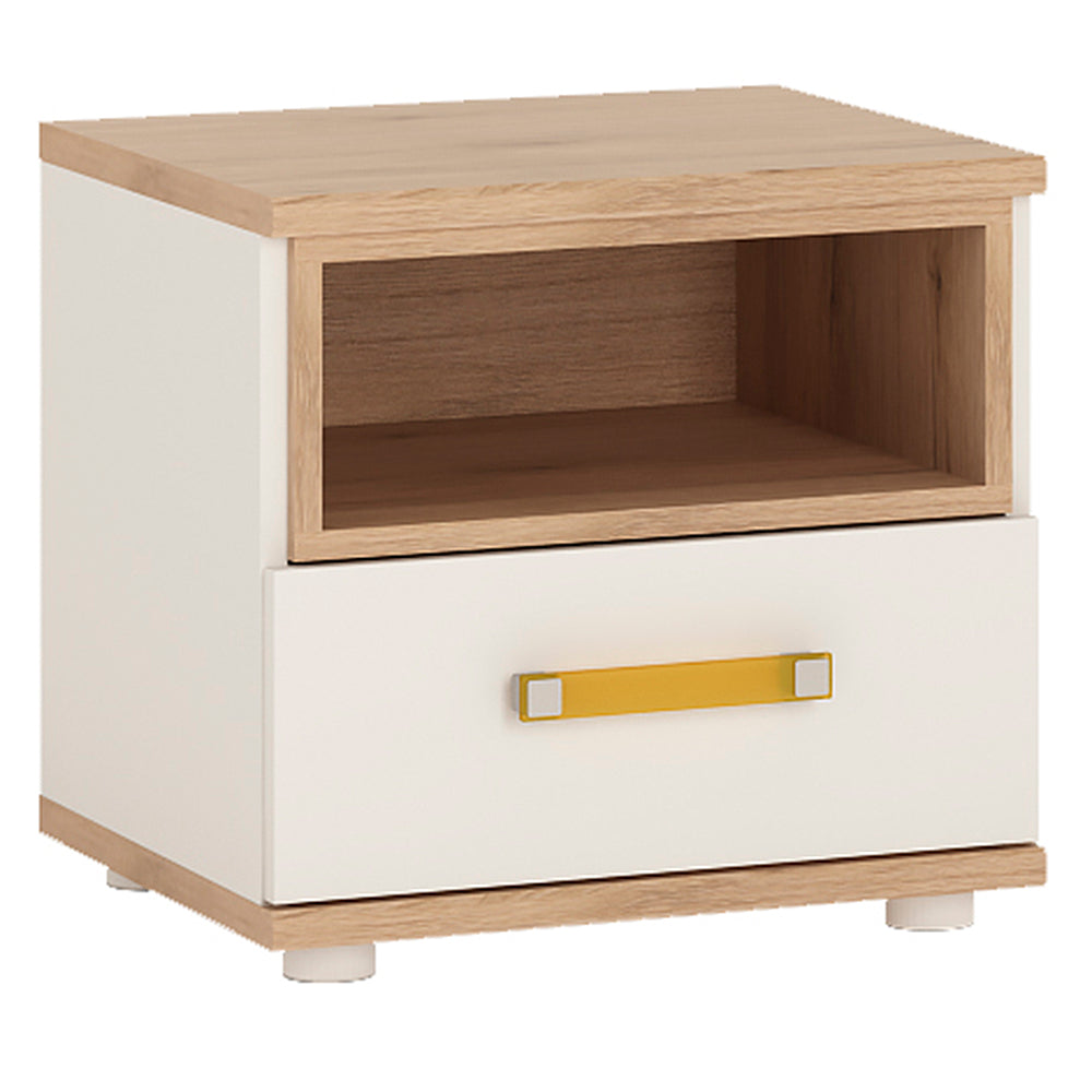 4KIDS 1 drawer bedside cabinet in light oak and white high gloss with orange handles