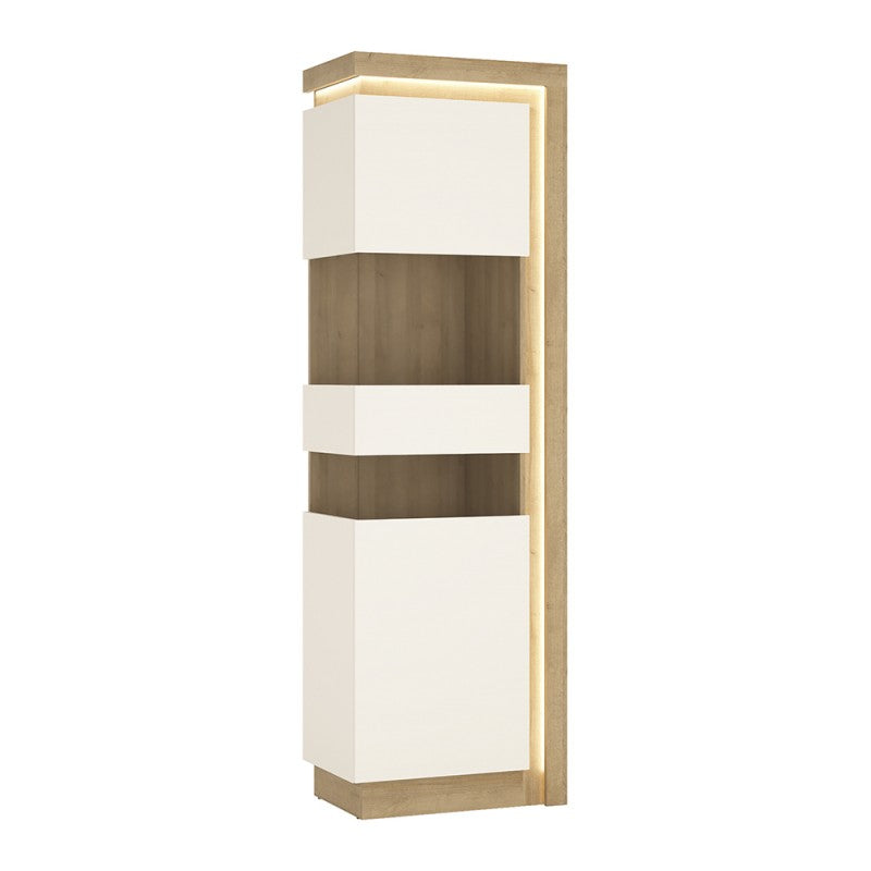 Lyon Tall narrow display cabinet (LHD) (including LED lighting) in Riviera Oak/White High Gloss