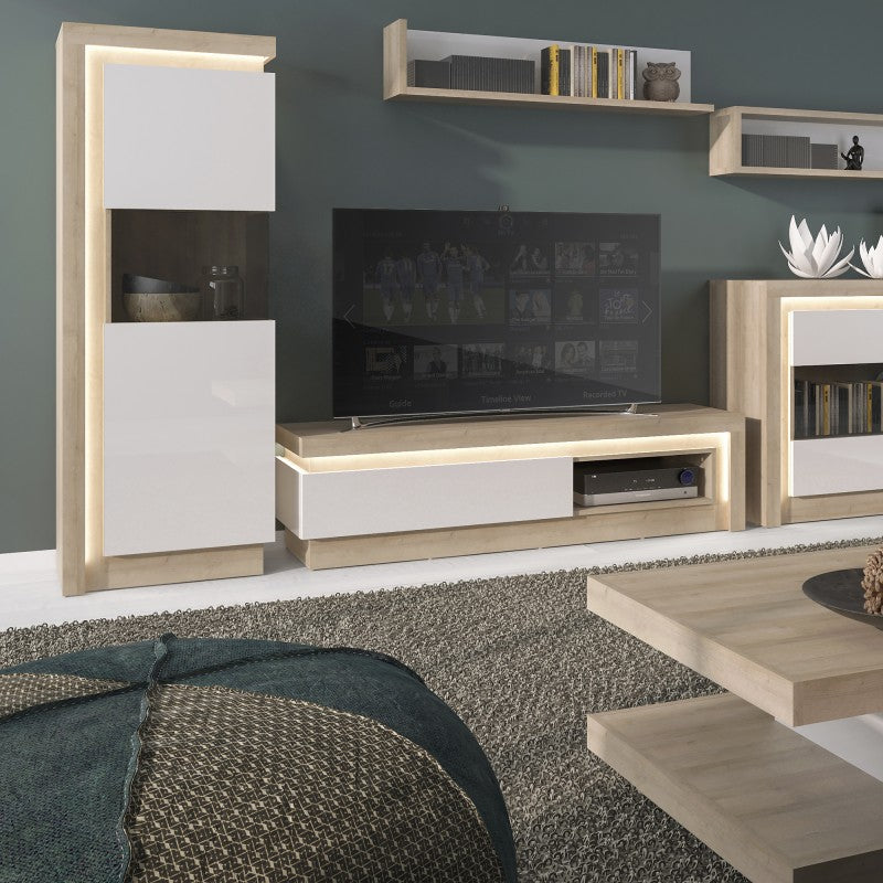 Lyon 1 drawer TV cabinet with open shelf (including LED lighting) in Riviera Oak/White High Gloss