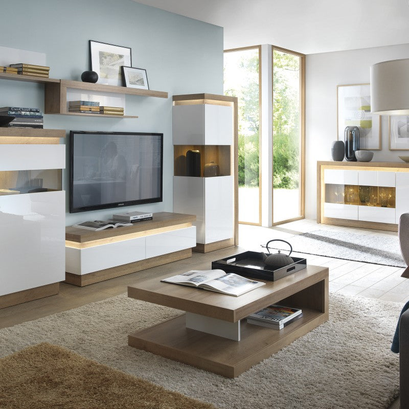 Lyon 1 drawer TV cabinet with open shelf (including LED lighting) in Riviera Oak/White High Gloss