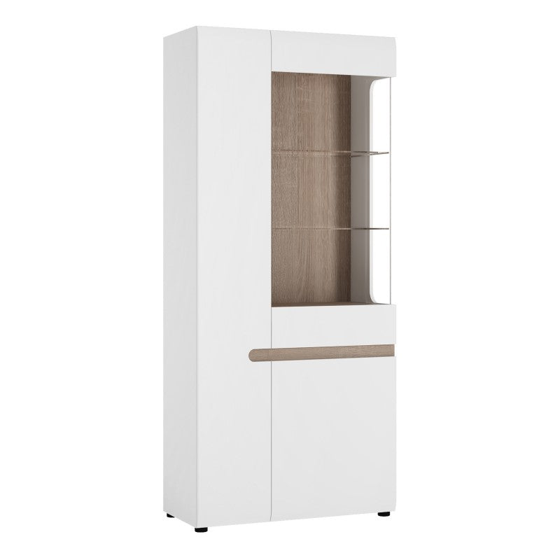 Chelsea Living Tall Glazed Wide Display unit (LHD) in white with an Truffle Oak Trim