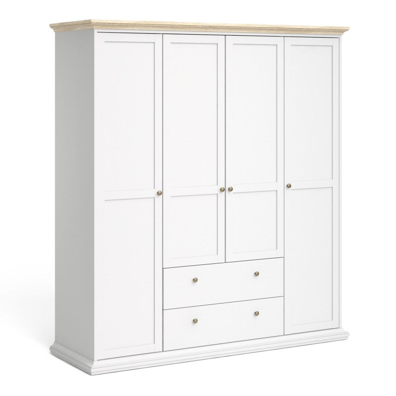 Paris Wardrobe with 4 Doors & 2 Drawers in White  and Oak