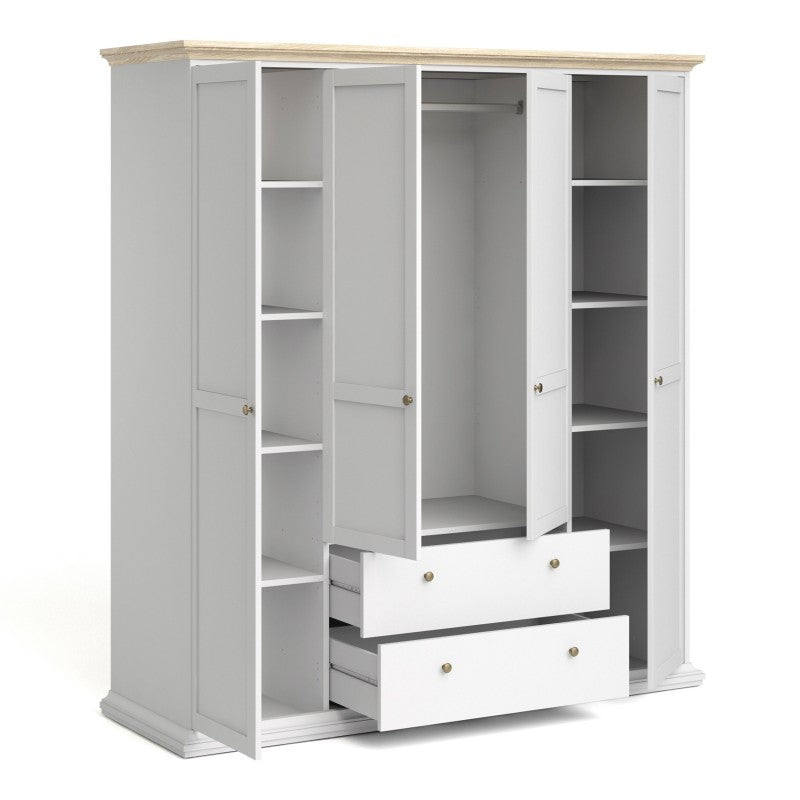 Paris Wardrobe with 4 Doors & 2 Drawers in White  and Oak