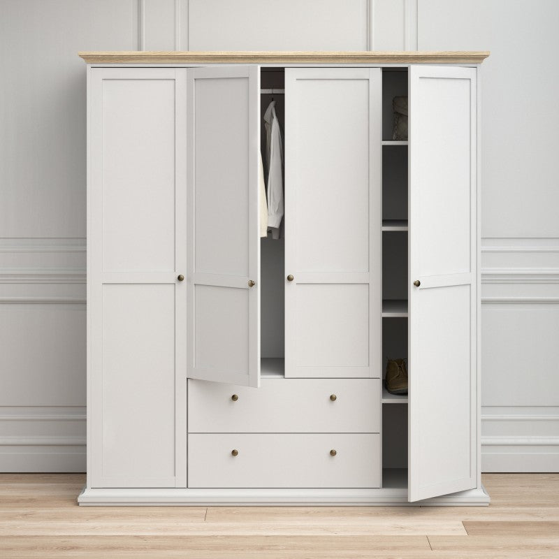 Paris Wardrobe with 4 Doors & 2 Drawers in White  and Oak