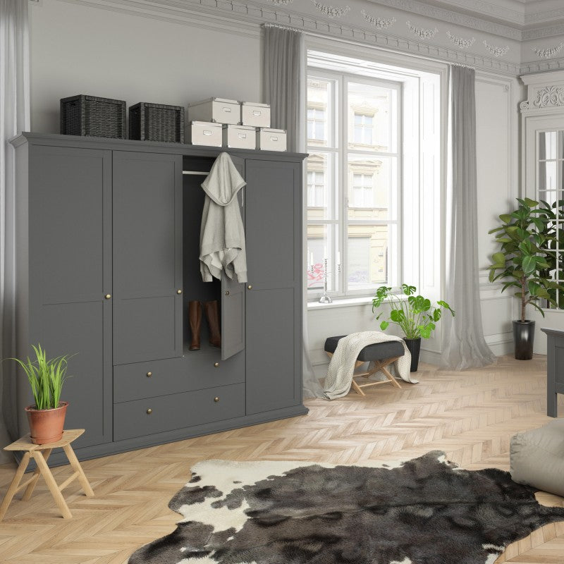 Paris Wardrobe with 4 Doors & 2 Drawers in Matt Grey