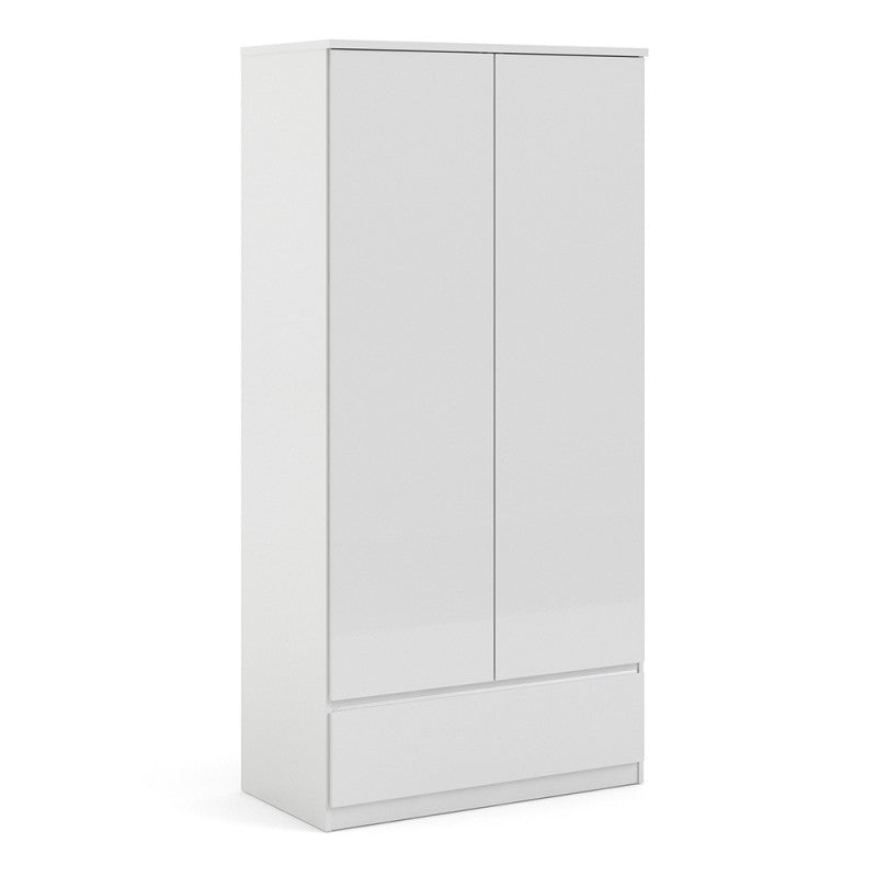 Naia Wardrobe with 2 doors + 1 drawer in White High Gloss